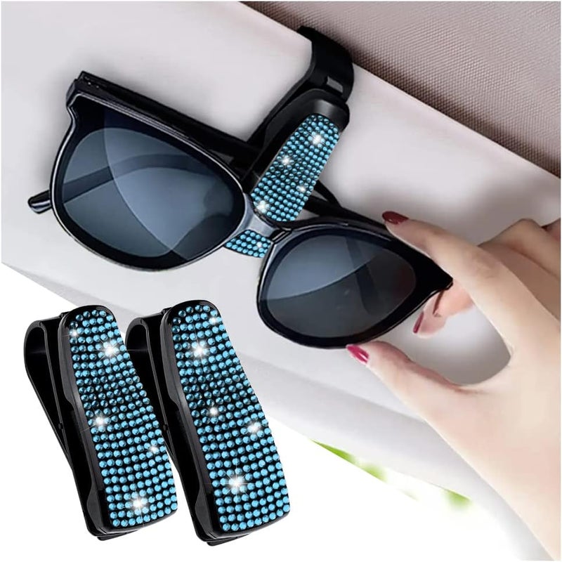 Turcee Set of 2 Bling Rhinestone Car Sun Visor Glasses Holders with Anti-Scratch Sponge,Car Decoration for Women Girls,Ticket Card Clip Visor Organizer (Lake Blue) - Image 1
